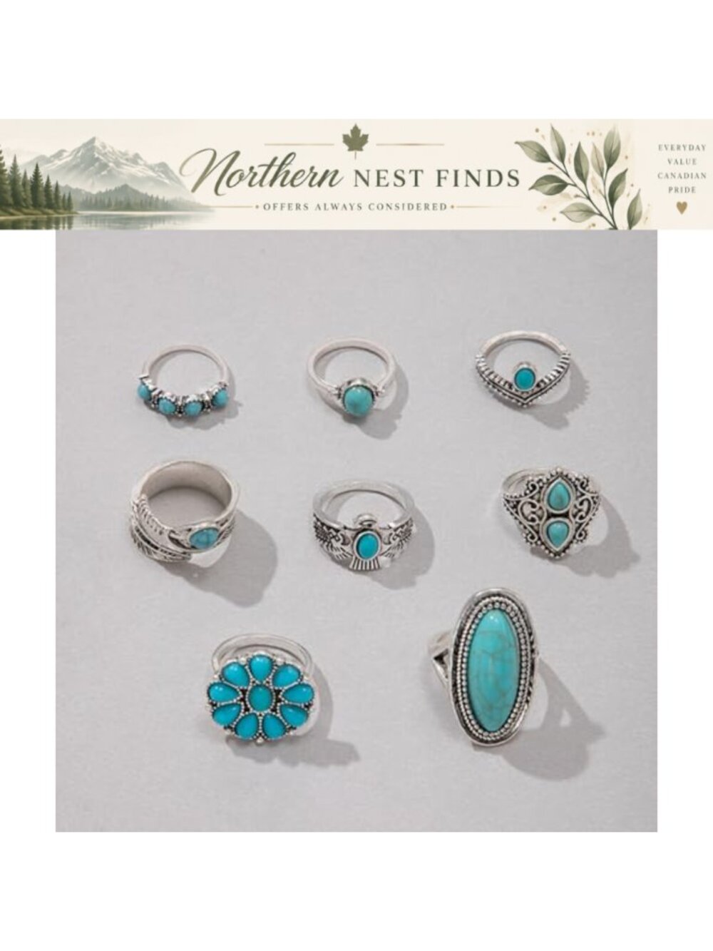 Turquoise Stackable Rings Set Boho Western Adjustable Alloy Ring - Picture 3 of 6